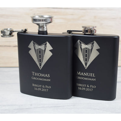 personalised black wedding hip flask gift set tuxedo