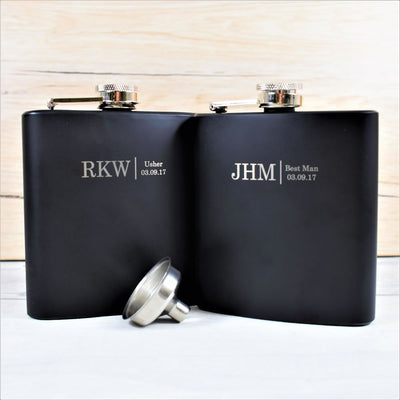 personalised black wedding initials hip flask gift set