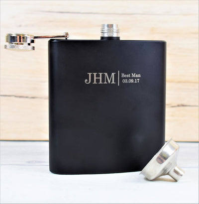 personalised black wedding initials hip flask gift set