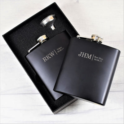 personalised black wedding initials hip flask gift set