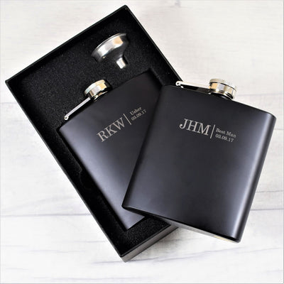 Personalised Black Wedding Initials Hip Flask Gift Set