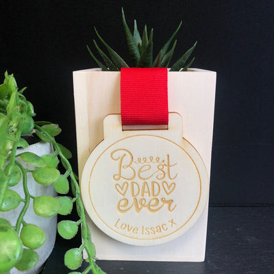 Personalised Best Dad Ever Wooden Medal