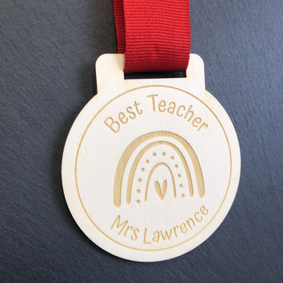 Personalised Rainbow Best Teacher Wooden Medal