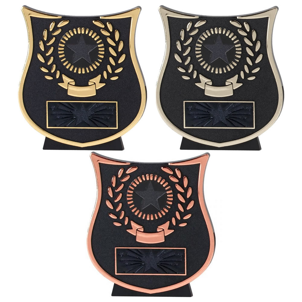 Curve Shield Plaque Cheap Trophy - Black with Gold, Silver & Bronze