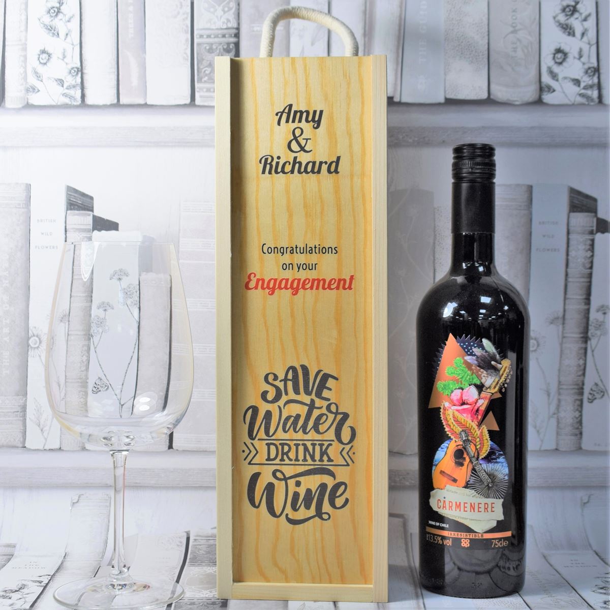 Personalised Printed Wine Wooden Box - Save Water, Drink Wine