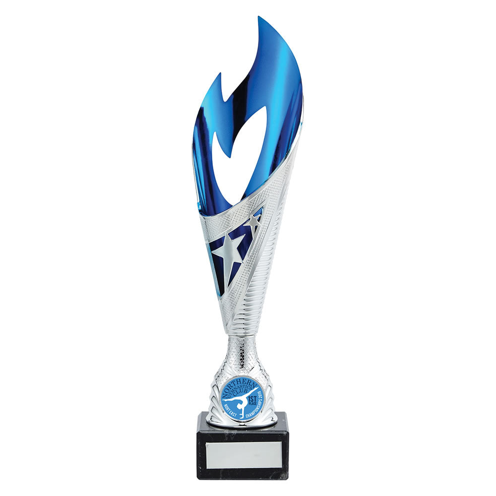 Laser Cut Inferno Flame Star Trophy Cup In Silver and Blue
