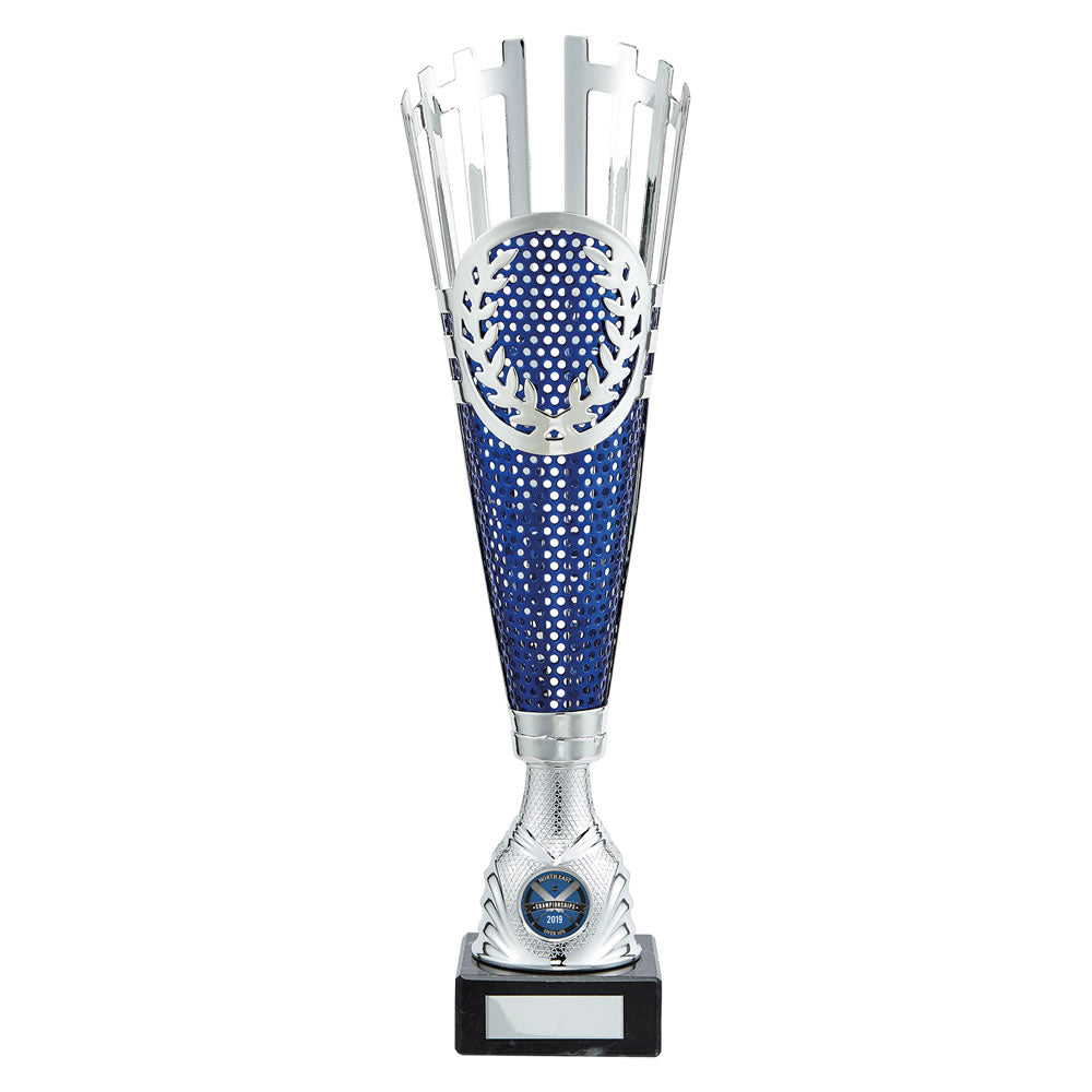 Laser Cut Inspire Metal Trophy Cup In Silver And Blue