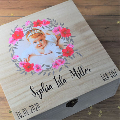 Personalised Photo Printed New Baby Keepsake Wooden Box - Floral