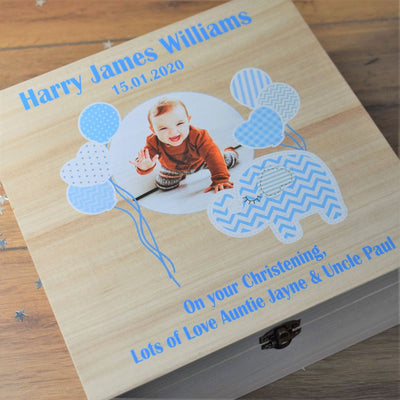 Personalised Photo Printed New Baby Boy Keepsake Wooden Box