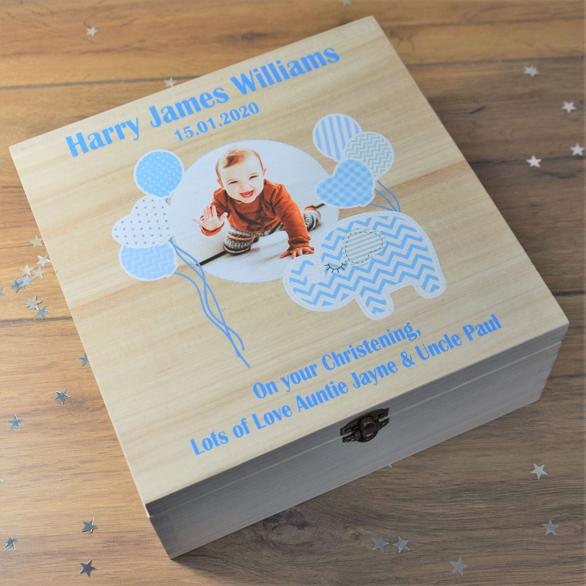 Personalised Photo Printed New Baby Boy Keepsake Wooden Box