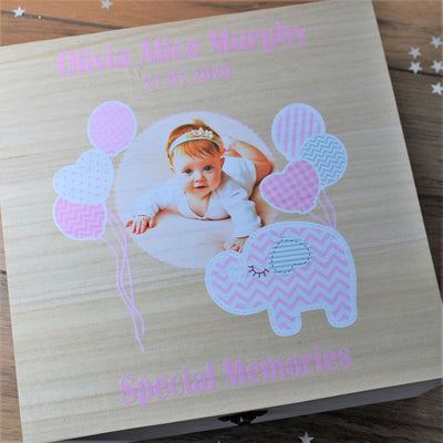 Personalised Photo Printed New Baby Girl Keepsake Wooden Box