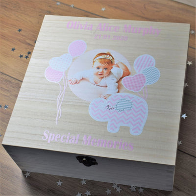 Personalised Photo Printed New Baby Girl Keepsake Wooden Box