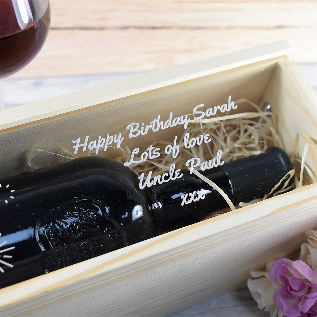 Personalised Wooden Wine Box with Clear Lid - Birthday Gift