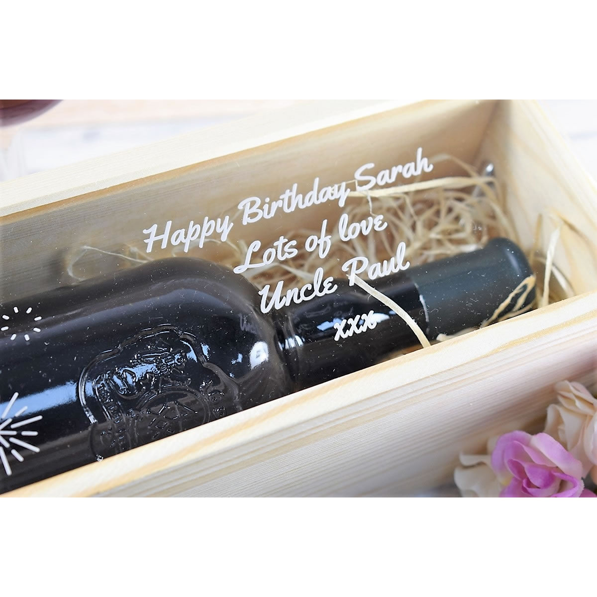 Personalised Wooden Wine Box with Clear Lid - Birthday Gift