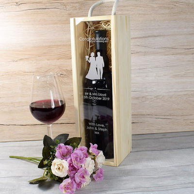 Personalised Wooden Wine Box with Clear Lid - Bride & Groom Silhoutte Wedding Gift