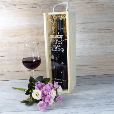 Personalised Wooden Wine Box with Clear Lid - Eat, Drink & Be Merry Christmas Gift