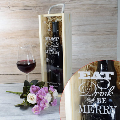 Personalised Wooden Wine Box with Clear Lid - Eat, Drink & Be Merry Christmas Gift