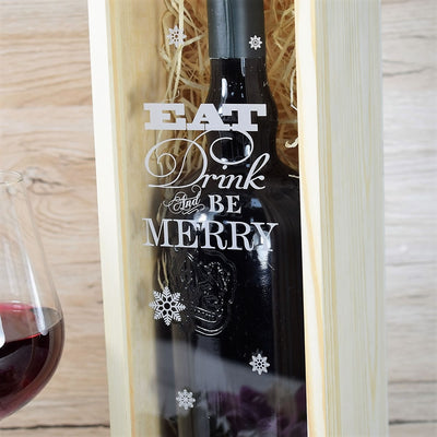 Personalised Wooden Wine Box with Clear Lid - Eat, Drink & Be Merry Christmas Gift