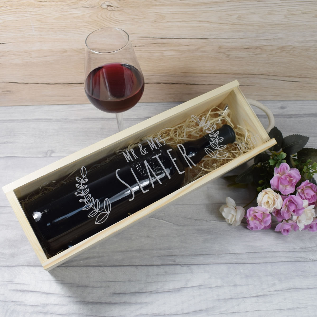 Personalised Wooden Wine Box with Clear Lid - Leaves Wedding Gift