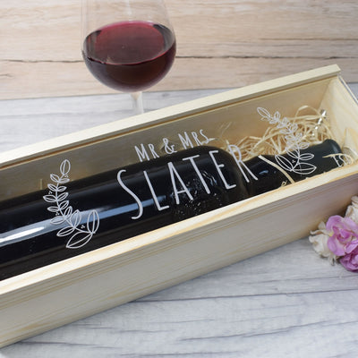 Personalised Wooden Wine Box with Clear Lid - Leaves Wedding Gift