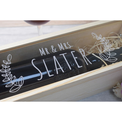 Personalised Wooden Wine Box with Clear Lid - Leaves Wedding Gift