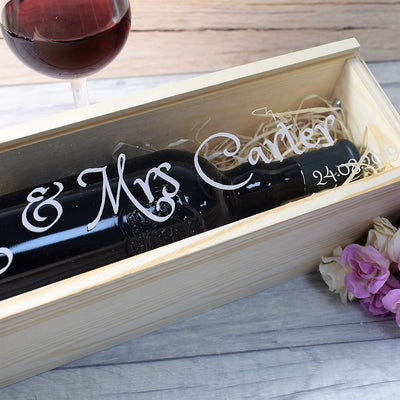 Personalised Wooden Wine Box with Clear Lid - Mr & Mrs Bride & Groom Wedding Gift