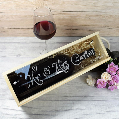 Personalised Wooden Wine Box with Clear Lid - Mr & Mrs Bride & Groom Wedding Gift