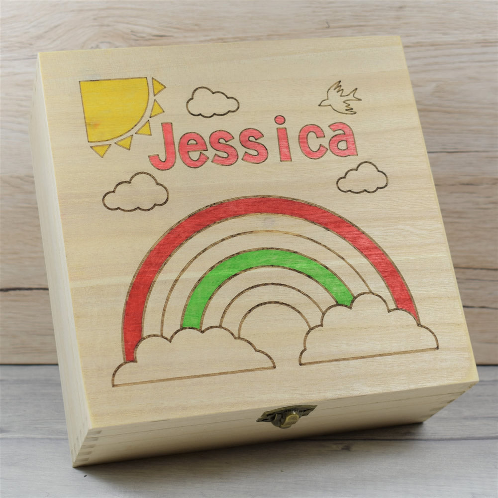 Personalised Engraved Wooden Children's Colouring In Box Keepsake Box -Rainbow