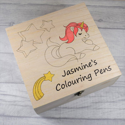 Personalised Engraved Wooden Children's Colouring In Box Keepsake Box - Unicorn
