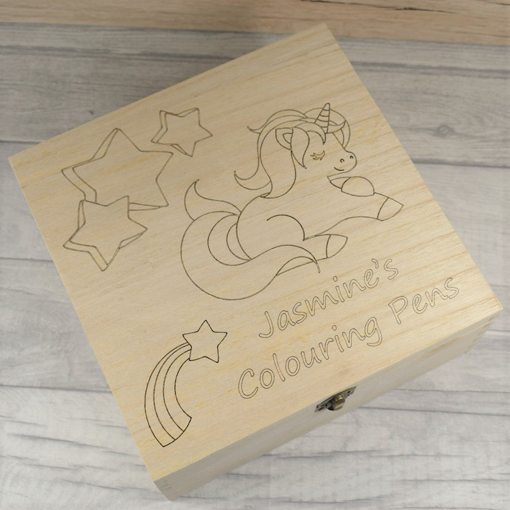 Personalised Engraved Wooden Children's Colouring In Box Keepsake Box - Unicorn
