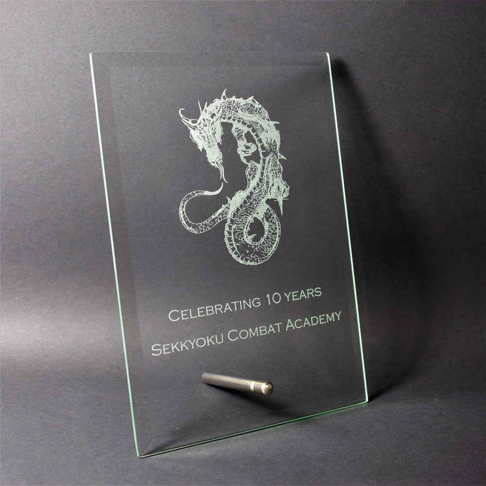 glass plaque trophy award text or logo engraving available