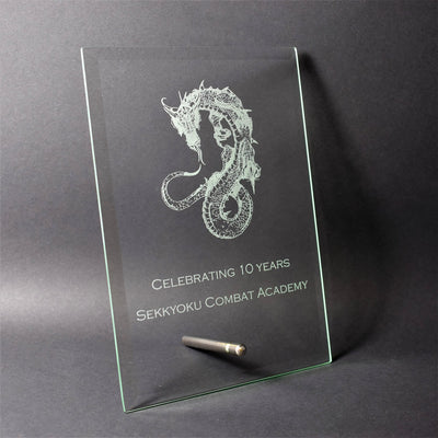 glass plaque trophy award text or logo engraving available