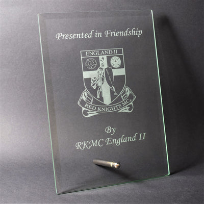 glass plaque trophy award text or logo engraving available