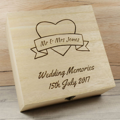Personalised Wooden Wedding Memories Box - Heart Banner