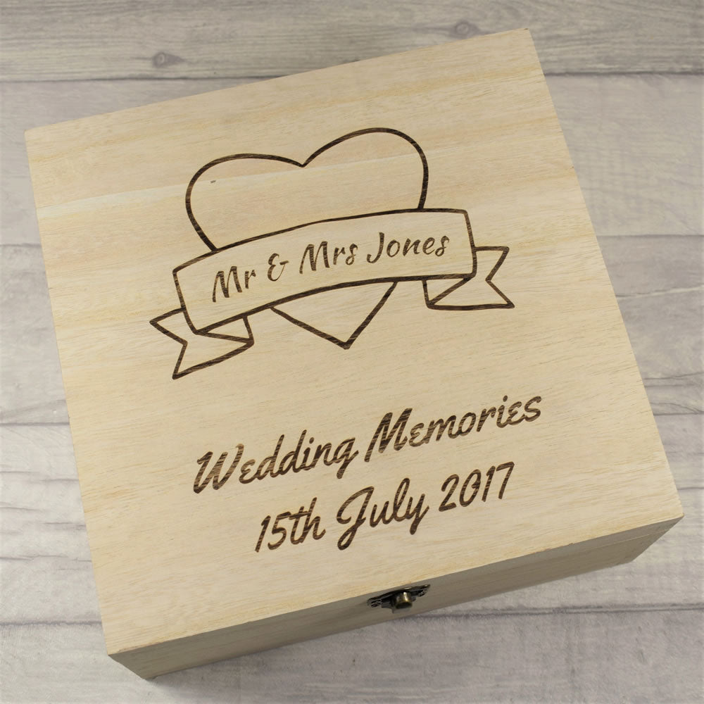 Personalised Wooden Wedding Memories Box - Heart Banner