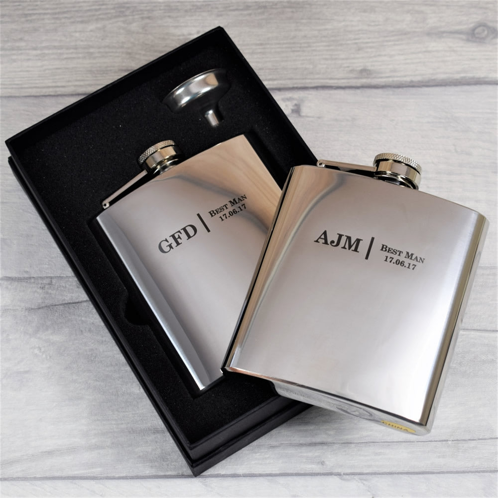 personalised silver wedding initials hip flask gift set
