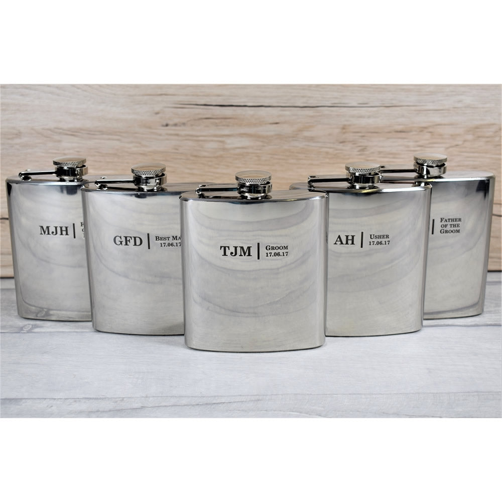 personalised silver wedding initials hip flask gift set