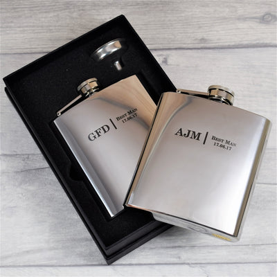 personalised silver wedding initials hip flask gift set
