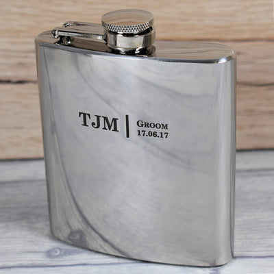 personalised silver wedding initials hip flask gift set