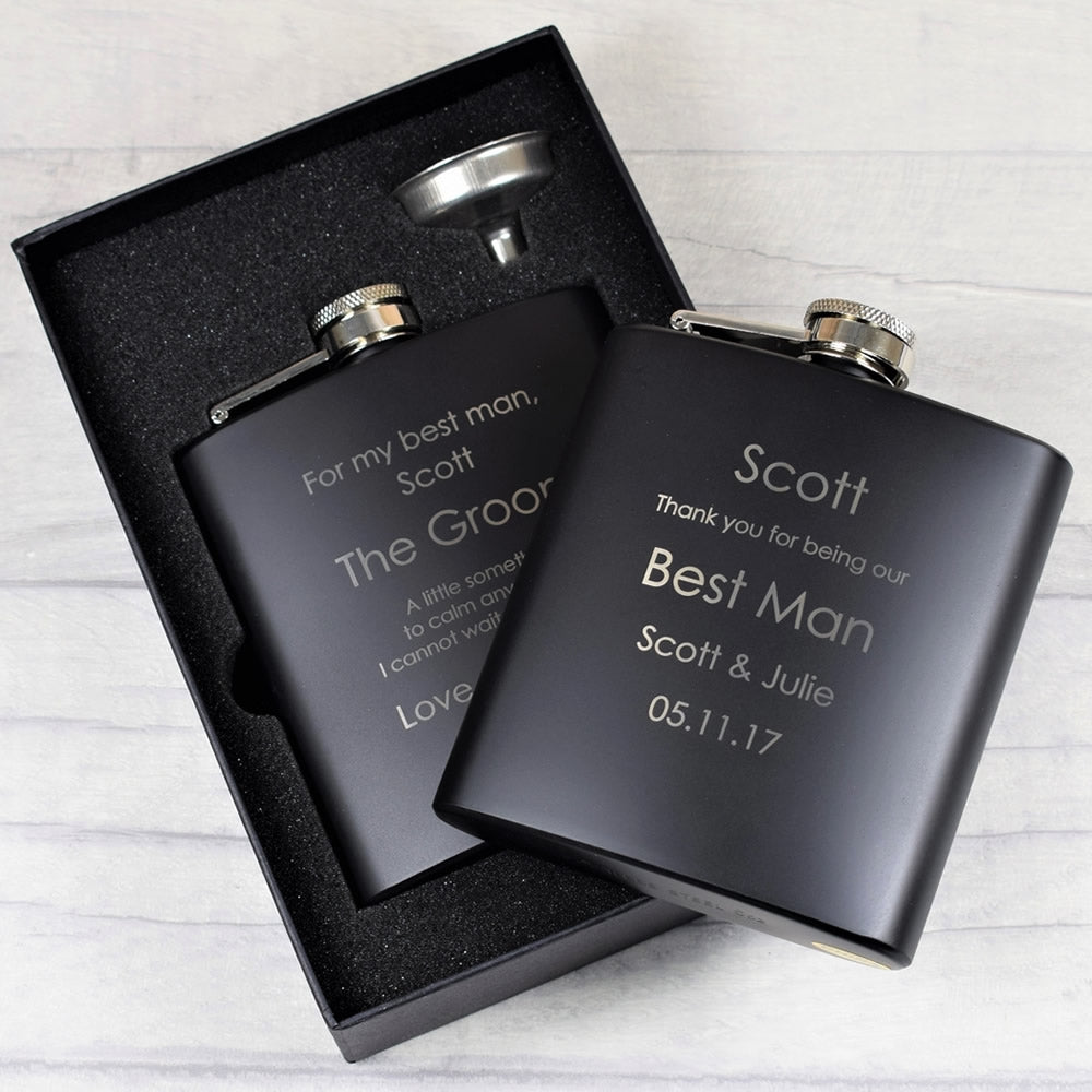 personalised black 6oz wedding hip flask gift set design 2
