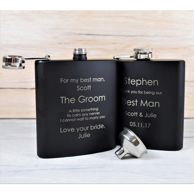 personalised black 6oz wedding hip flask gift set design 2