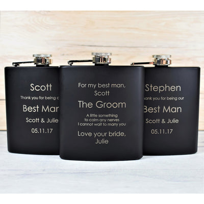 personalised black 6oz wedding hip flask gift set design 2