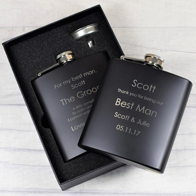 personalised black 6oz wedding hip flask gift set design 2
