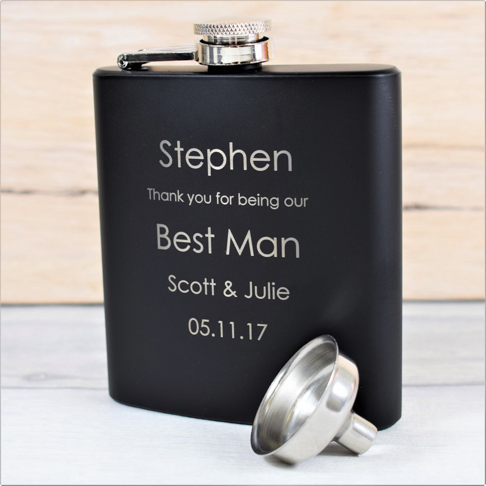 personalised black 6oz wedding hip flask gift set design 2