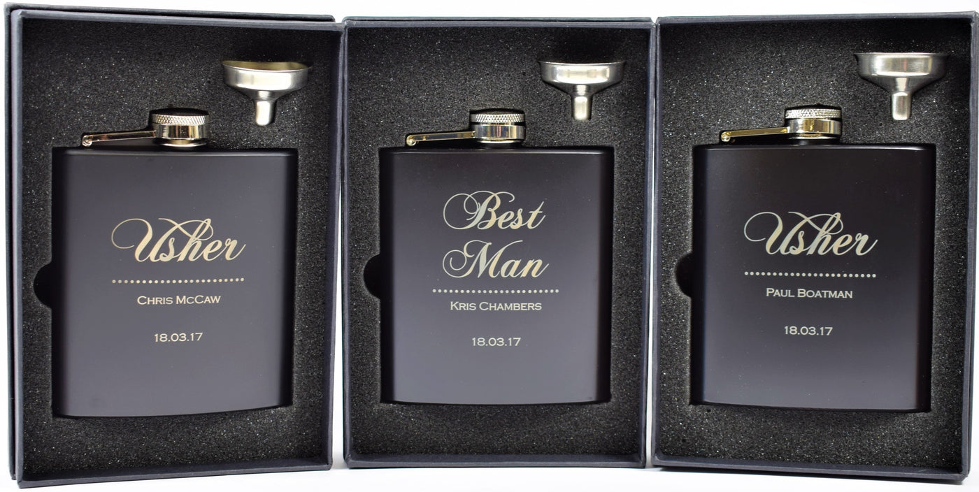 personalised black 6oz wedding hip flask gift set design 4