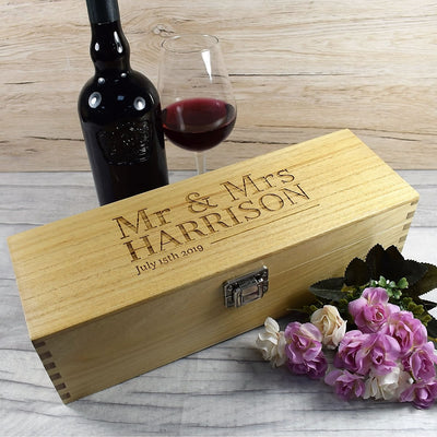 Personalised Wooden Wine Box - Mr & Mrs Couples Wedding Gift