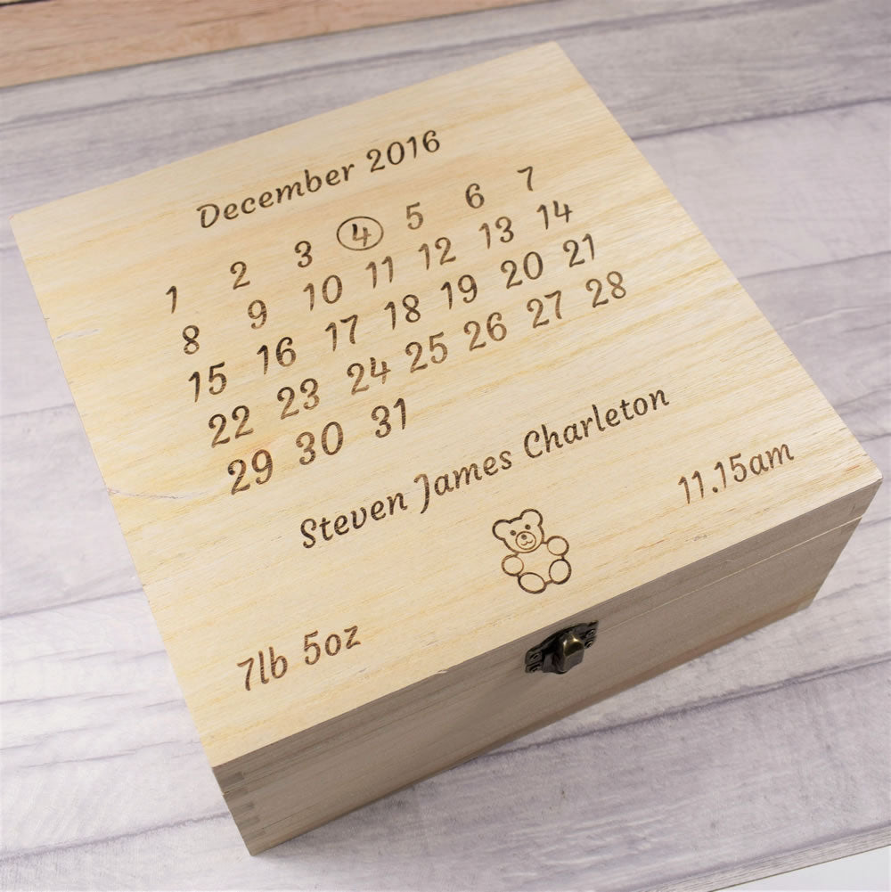 Personalised Wooden New Baby Calendar Memory Box