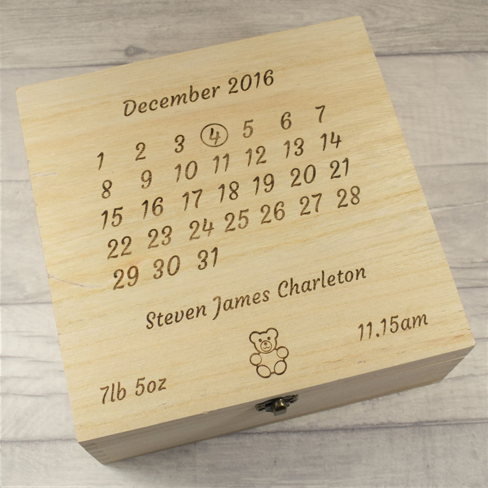Personalised Wooden New Baby Calendar Memory Box