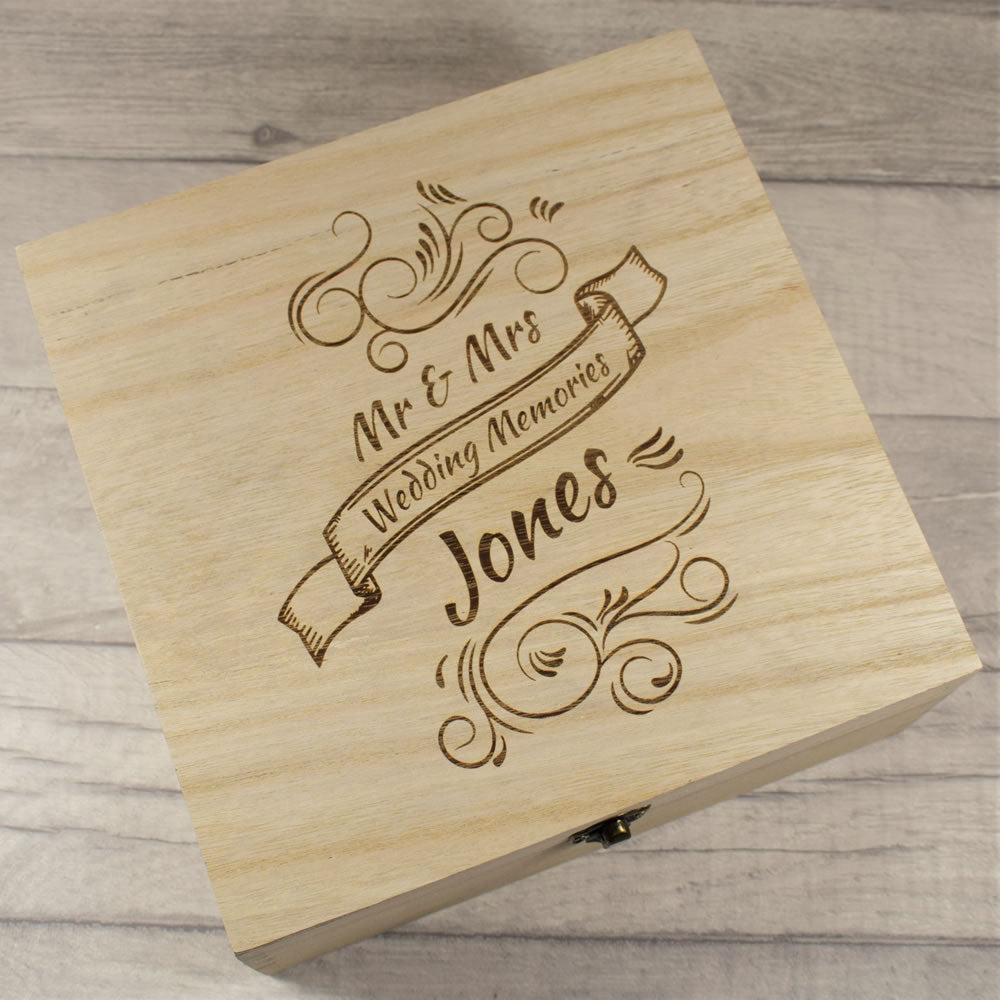 Personalised Wooden Wedding Memories Box - Flourish Design