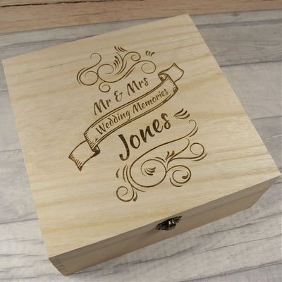 Personalised Wooden Wedding Memories Box - Flourish Design